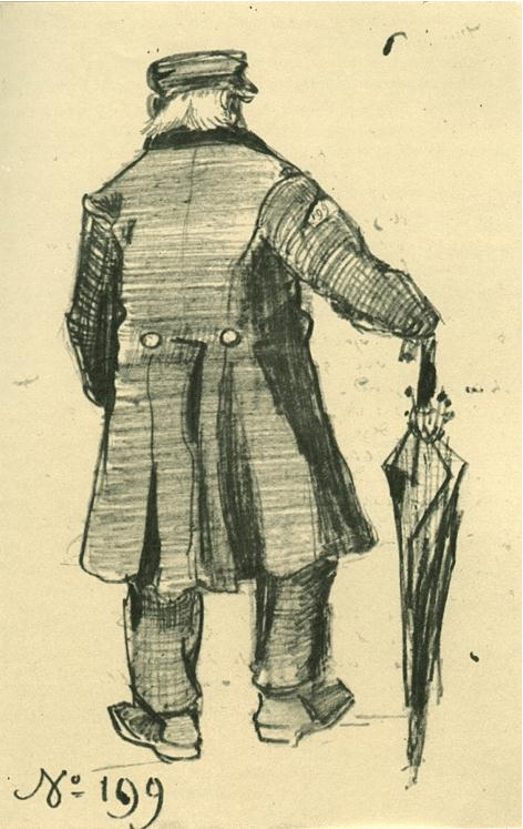 Vincent van Gogh Hombre huérfano con abrigo largo y paraguas, Visto desde atrás Drawing Vincent van Gogh's Hombre huérfano con abrigo largo y paraguas, Visto desde atrás Drawing
