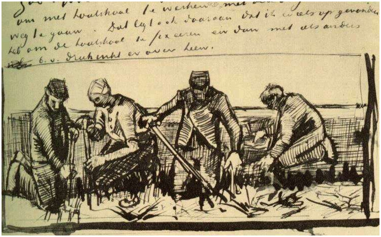 Vincent van Gogh Trabajadores de patatas, Cuatro figuras LetterSketches Vincent van Gogh's Trabajadores de patatas, Cuatro figuras LetterSketches