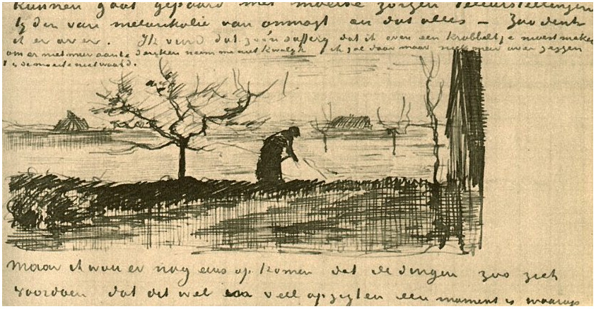 Vincent van Gogh Mujer encorvada en paisaje LetterSketches Vincent van Gogh's Mujer encorvada en paisaje LetterSketches