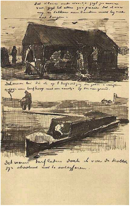 Vincent van Gogh Trabajador al lado de un montón de turba, y un barco de turba con dos figuras LetterSketches Vincent van Gogh's Trabajador al lado de un montón de turba, y un barco de turba con dos figuras LetterSketches