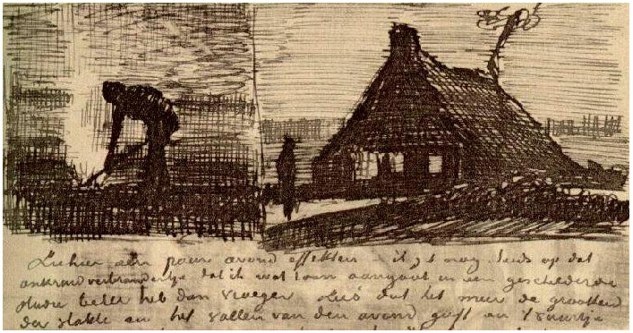 Vincent van Gogh Campesino quemando malas hierbas, y granja de noche LetterSketches Vincent van Gogh's Campesino quemando malas hierbas, y granja de noche LetterSketches