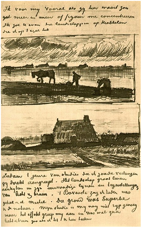 Vincent van Gogh Labrador con mujer encorvando, y una pequeña granja con montones de turba LetterSketches Vincent van Gogh's Labrador con mujer encorvando, y una pequeña granja con montones de turba LetterSketches