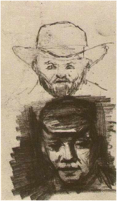 Vincent van Gogh Dos cabezas: Hombre con barba y sombrero; Campesino con gorra Drawing Vincent van Gogh's Dos cabezas: Hombre con barba y sombrero; Campesino con gorra Drawing