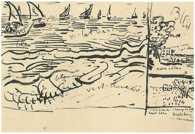 Vincent van Gogh Barcos pesqueros en alta mar, paisaje con borde de una carretera, y una granja a lo largo de una carretera LetterSketches Vincent van Gogh's Barcos pesqueros en alta mar, paisaje con borde de una carretera, y una granja a lo largo de una carretera LetterSketches