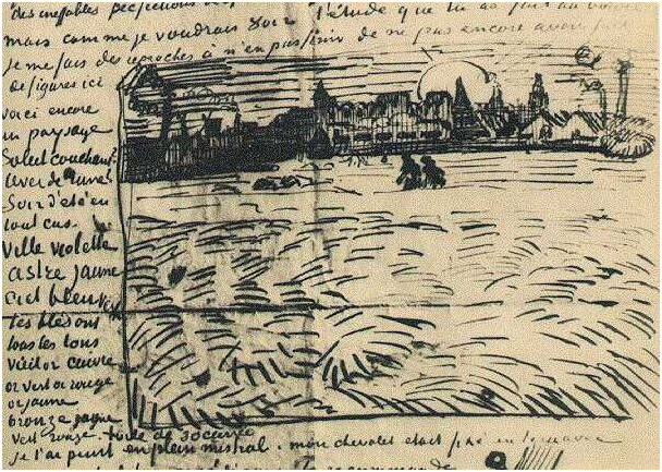 Vincent van Gogh Campo de trigo con puesta del sol LetterSketches Vincent van Gogh's Campo de trigo con puesta del sol LetterSketches