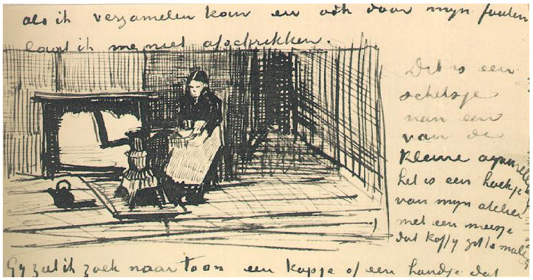Vincent van Gogh Niña cerca de la estufa, moliendo el café LetterSketches Vincent van Gogh's Niña cerca de la estufa, moliendo el café LetterSketches