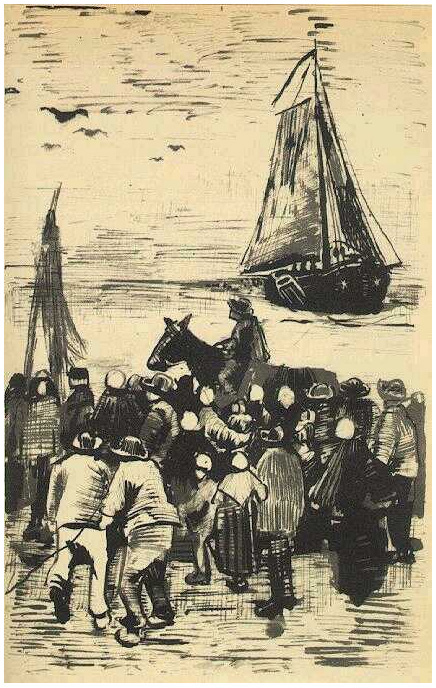 Vincent van Gogh Grupo de personas en la playa con un barco pesquero llegando LetterSketches Vincent van Gogh's Grupo de personas en la playa con un barco pesquero llegando LetterSketches